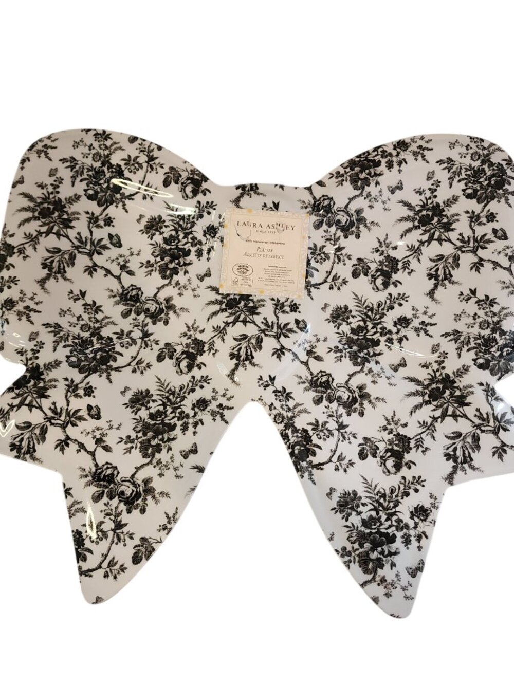 Laura Ashley Black White Floral Bow Coquette Shaped Melamine 17" Serving Tray
